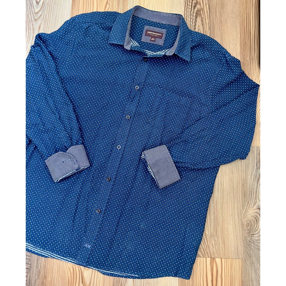 Johnston & Murphy Men XL Blue Geometric Micro Print Flip Cuff Preppy Button Down